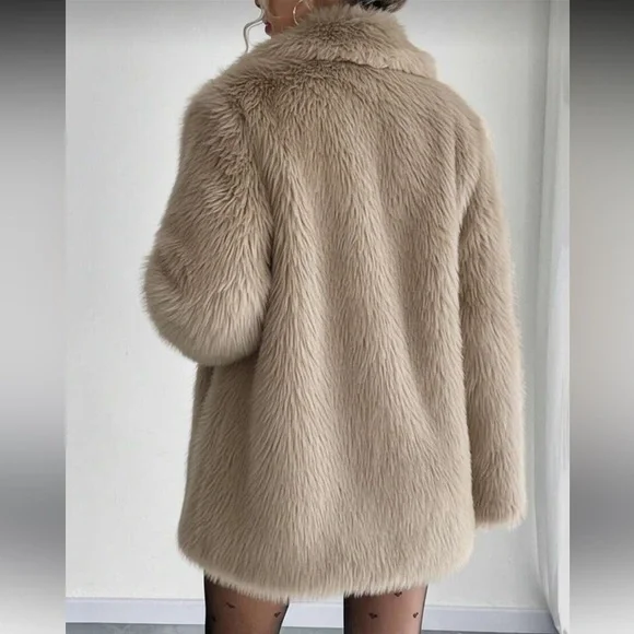 LAST CHANCE ❤️ Luxury faux fur coat lapel collar jacket tan brown - Picture 2 of 5